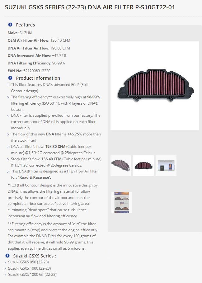 DNA Filtre à air haute performance compatible pour Suzuki GSXS 950 (22-24) PN